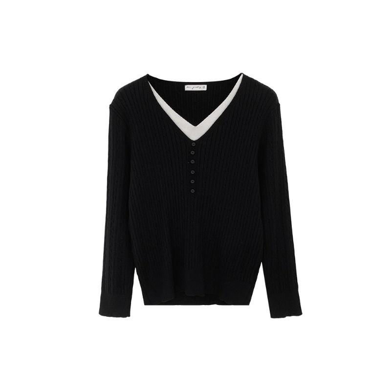 V-neck Braided Fake Two Knitted Base Shirts for Women's Autumn and Winter New College Tops