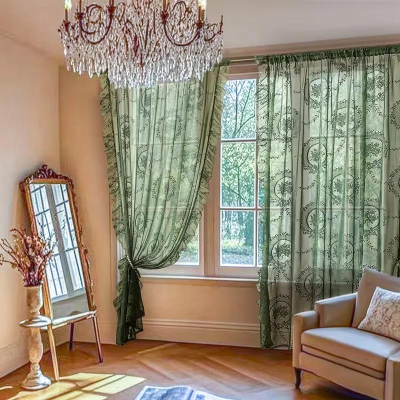 1 Stück Grüne Spitzenvorhänge Wohnzimmer- und Schlafzimmer-Trennvorhänge Fertige Gaze-Rollos Perforierter Lotusblatt-Spitzenstangen-Stil Schlafzimmergardinen