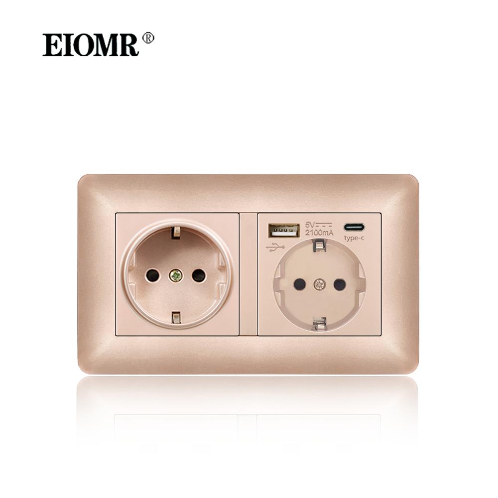 

EIOMR Одинарна розетка з портами USB Type-C Подвійна розетка Вигнута Вогнестійка панель з полікарбонату 16А Золота ЄС Стандарт Розетки Double Socket-1