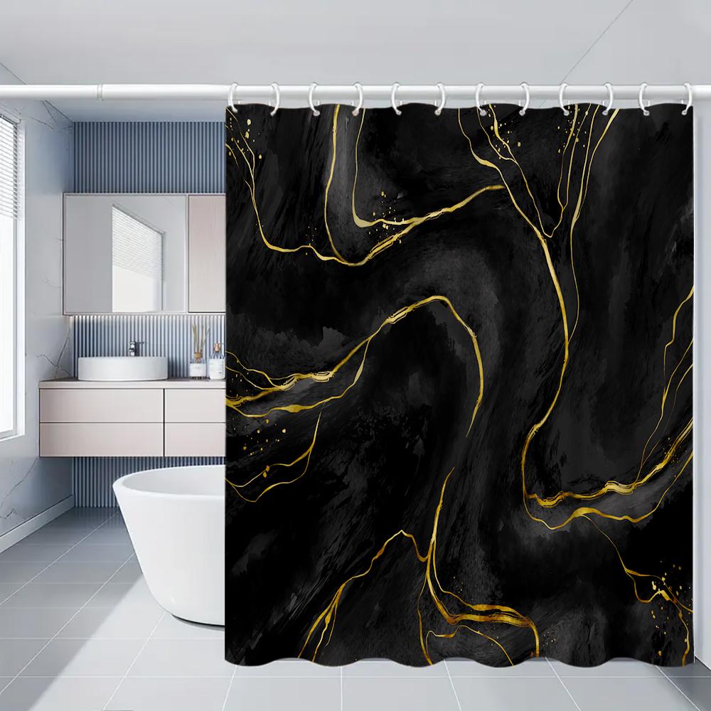 1/4 Marble Veining Shower Curtains, Toilet Seat Decoration, Shower Curtain With Carpet And Toilet Lid, 70.8X70.8 Inch
