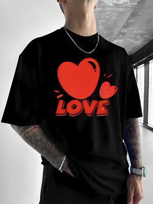 Unisexs Black Loose Cotton Tee Red Bubble Heart Love Cartoon Graphic Crew Neck Short Sleeve Valentine Casual Male Streetwear Top