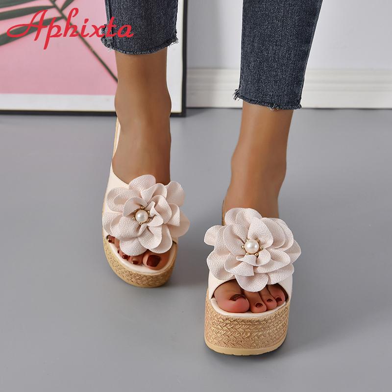Fashion Aphixta Summer 9cm Wedge Heels Slippers Women Big Pearl Bead Flowers Cow Suede Bow Mulers 4cm Platform Sandals Clog Shoes Slides