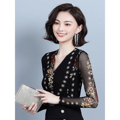 V-neck Printed Lace Base Shirt for Women New Autumn Long-sleeved Mesh Chiffon Top Versatile Fashionable Shirt