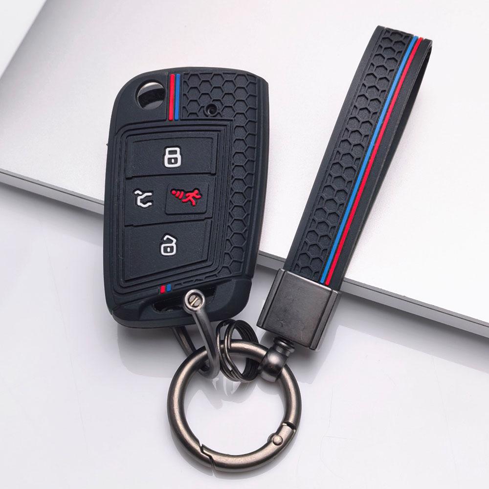 Silicone Key Fob Cover with Matching Keychain for Volkswagen Golf 7 MK7 Tiguan MK2 Touran L for Skoda Octavia, Fits Volkswagen Golf Tiguan Octavia A7