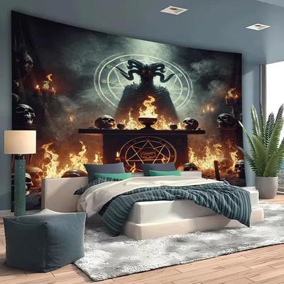 2D Satanic Altar Wall Decor, Fiery Demon with Skulls & Pentagram Art