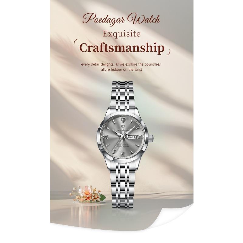 POEDAGAR Original Watch for Woman Waterproof Luminous Date Week Ladies Watch Stainless Steel Quartz Watches Female