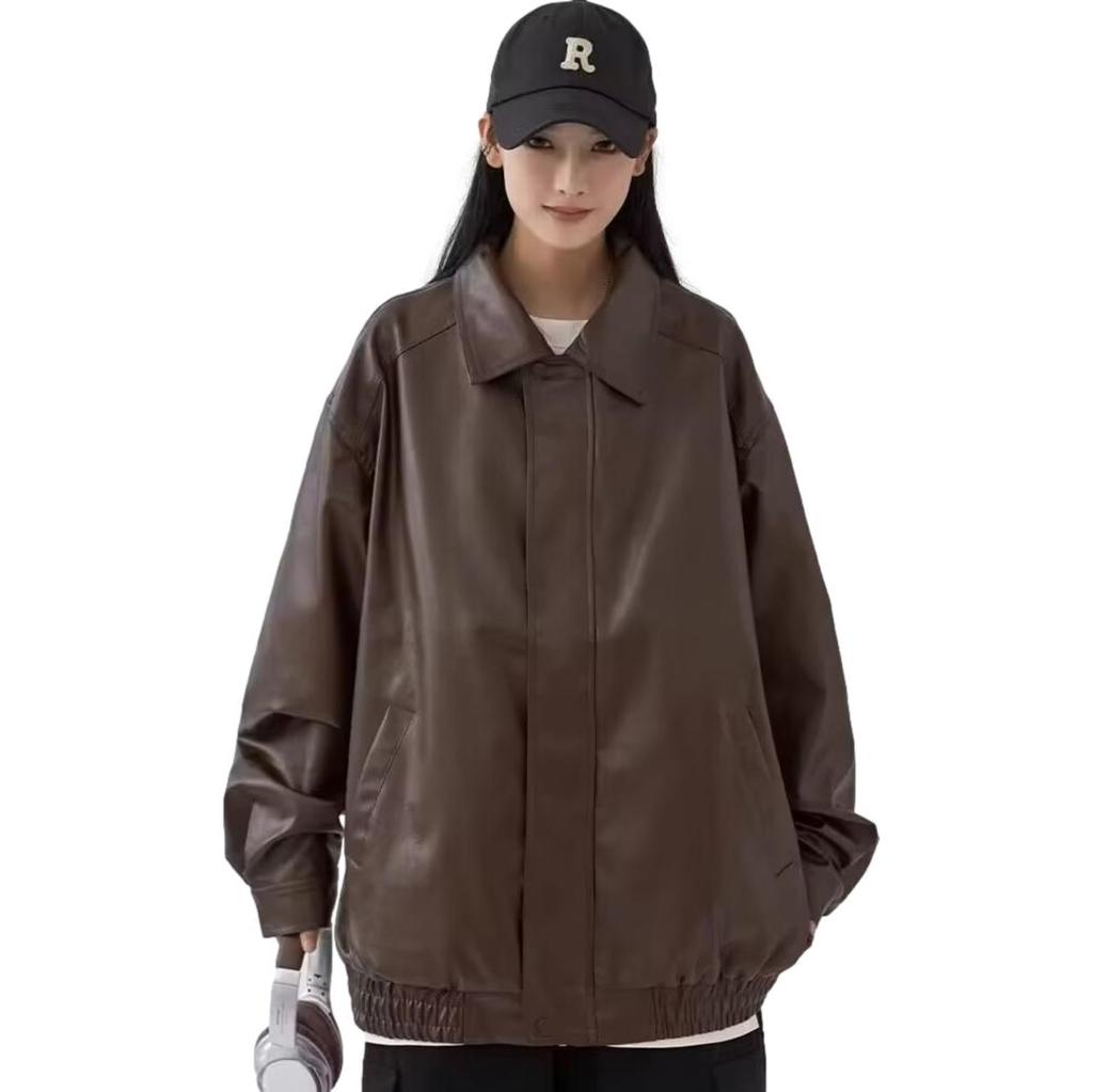 Blue Beryl Women's Faux Leather Jacket/Blouson, PU Leather, Loose Fit, Zip-Up, Warm, Lined, Brown, BB052-BR-2XL