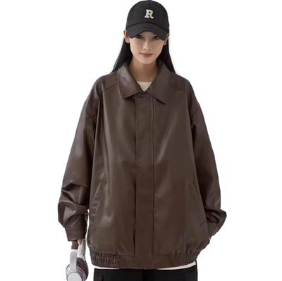 Blue Beryl Women's Faux Leather Jacket/Blouson, PU Leather, Loose Fit, Zip-Up, Warm, Lined, Brown, BB052-BR-2XL