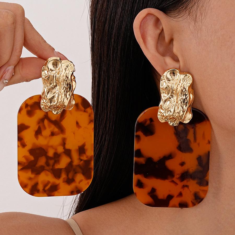Exaggerated resin leopard print rectangular geometric silver needle earrings retro niche premium earrings
