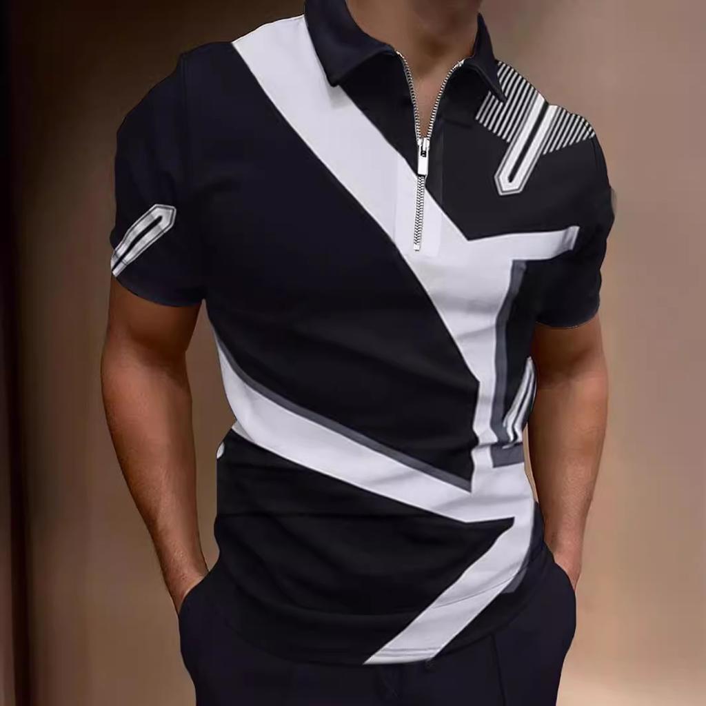 Trendy geometric short-sleeve zip polo, stylish casual top for everyday wear.