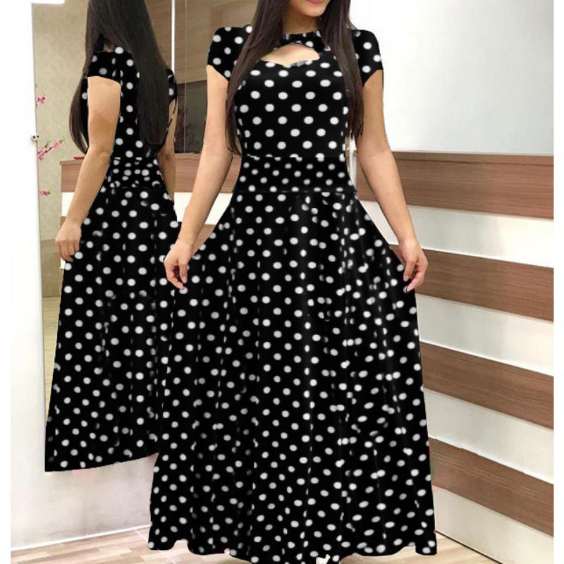 GMXIA Böhmisches Kleid mit Blumenmuster, kurzen Ärmeln, für Damen, Herbst/Winter, lange Kleider, Rundhalsausschnitt, großer Schwung