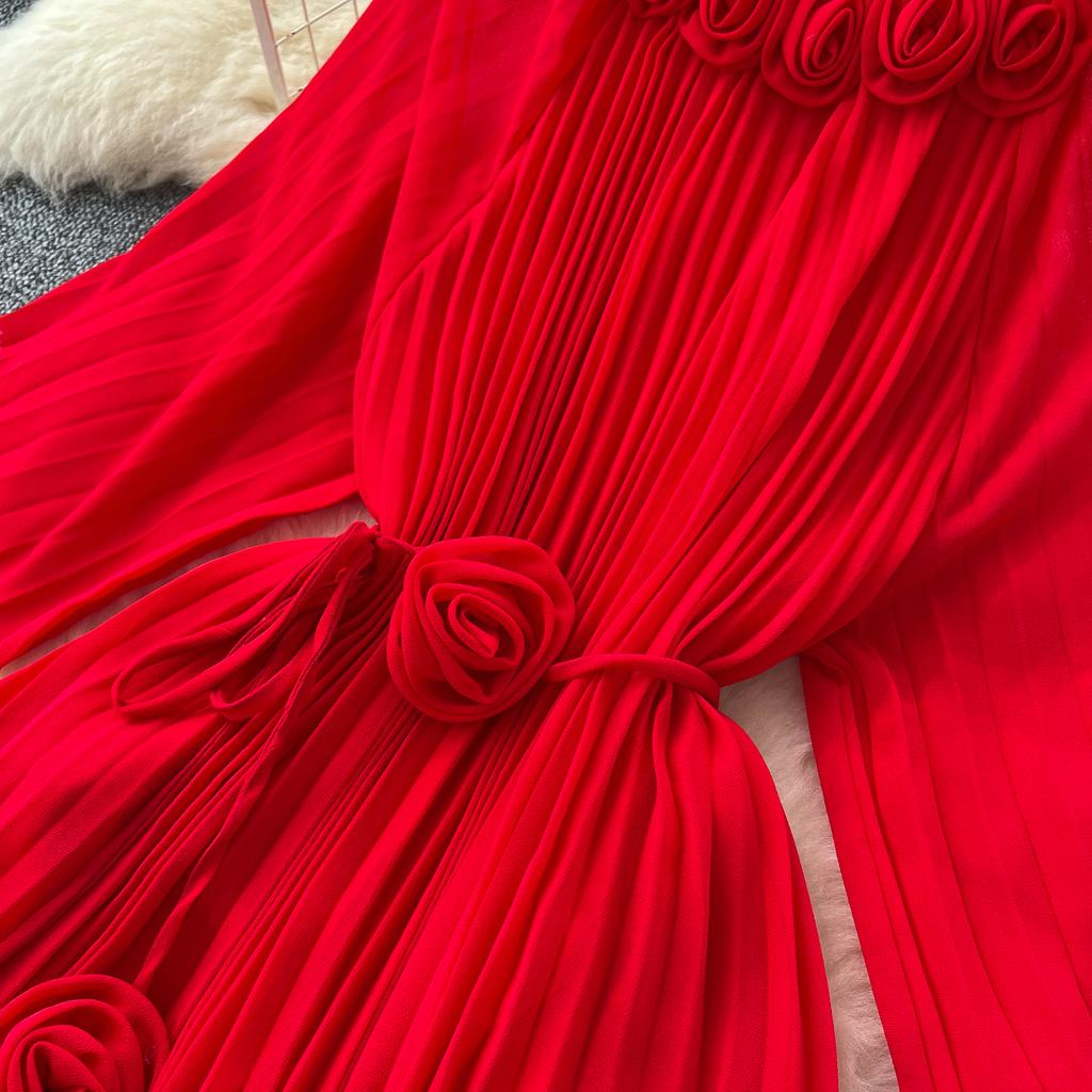 Spring Autumn Woman Dress New Flower Round Ne Seven-Quarter Sleeve Waist-Cinching Pleated Dresses for  Women Slimming Gown