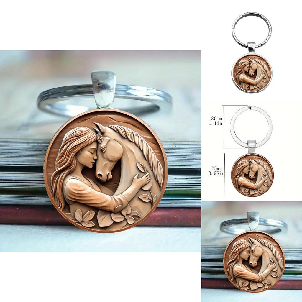 Wooden Style Girl And Horse Keyring With Zinc Alloy For Birthday And Special Occasion
