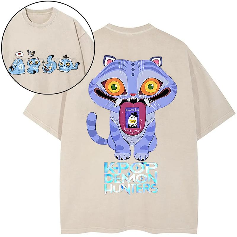 Women Derpy Tiger Hot Movie Print Shirts for Women Cartoon Anime Washed Cotton Tee K-Pop Demon Hunters Tiger T-shirt Tops