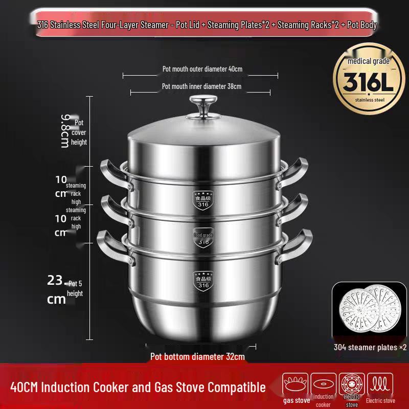 316 Stainless Steel High-Rise Steamer Pot, Extra Thick, Food-Grade, Large Capacity, Versatile 3-4 Layer Soup Pot