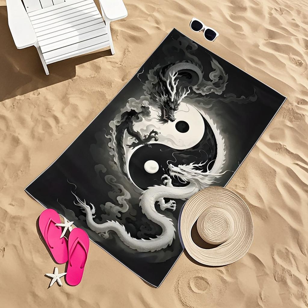 1pz Asciugamano da Spiaggia Sportivo Stile Cinese Tai Chi con Stampa Drago Bianco e Nero, Morbido, Assorbente, Asciugatura Rapida, Adatto per