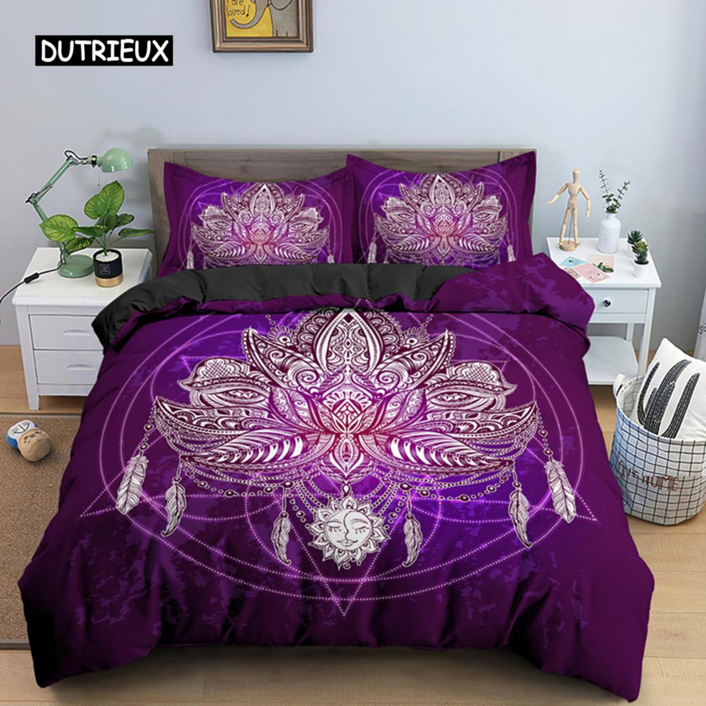 2/3dílná Sada na postel Bohemian Lotus Sada povlaku na přikrývku Mandala Květinový povlak na přikrývku Pro dospělé Černá Polyesterová sada ložního prádla Queen King Twin Pro teenagery