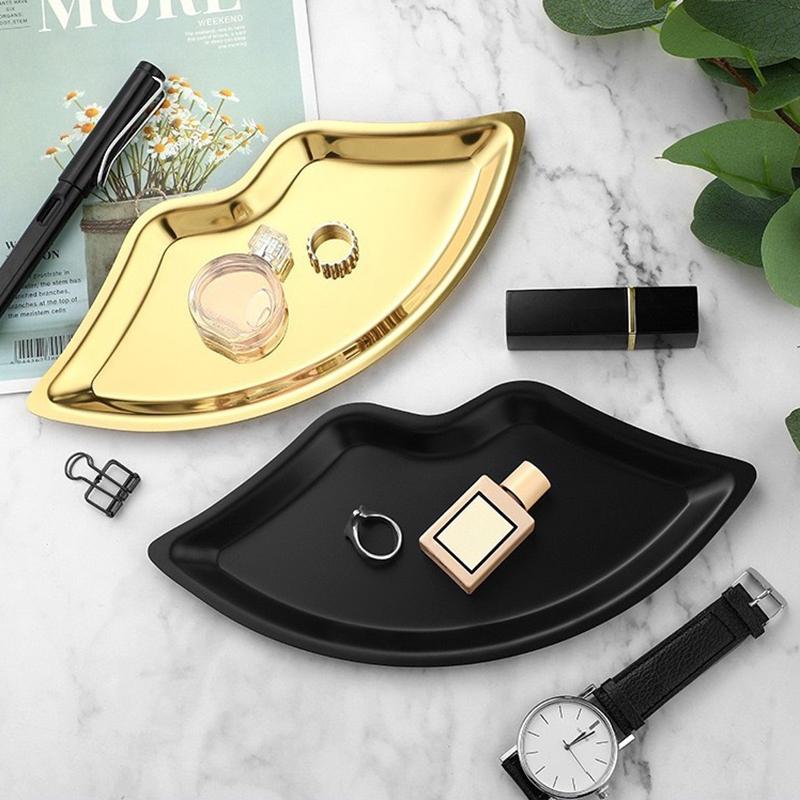 Ins Style Stainless Steel Lip Shaped Jewelry Tray Home Cosmetics Metal Decoration Tray Female Jewelry Storage Tray Decorative