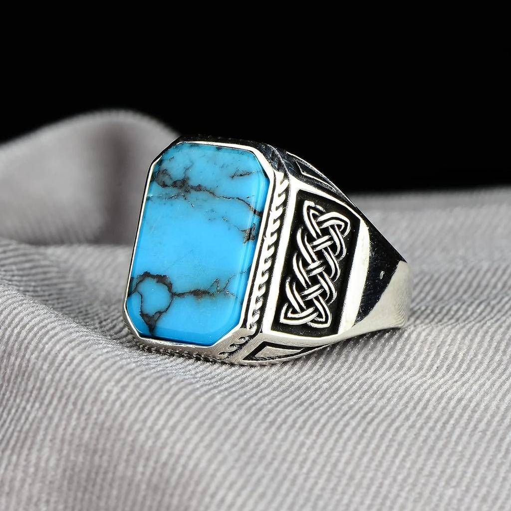 Vintage Turkish Handmade Ottoman Signet Ring For Men Women Ancient Silver Color Synthetic Turquoise Ring Retro Arabic Jewelry