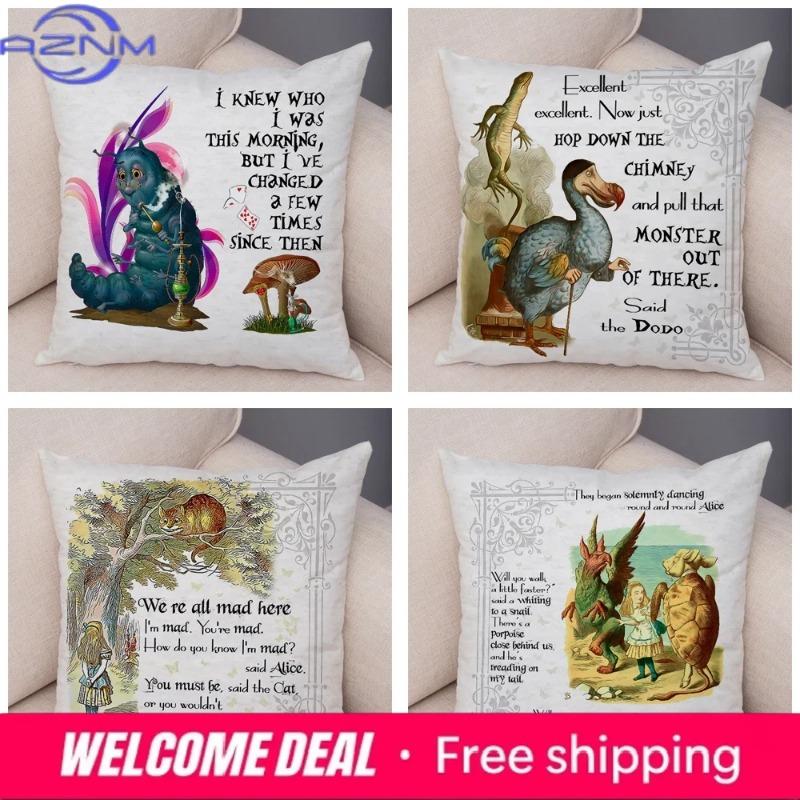 Alice In Wonderland Cushion Cover Cute Rabbit Cat Printed Sofa Pillow Vintage Home Decorative Pillow Case for Children Room