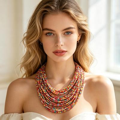 Multicolor Seed Bead Statement Necklace, Layered Tribal Style Chunky Choker,Layered Seed Bead Necklace, Multicolor Tribal Choker