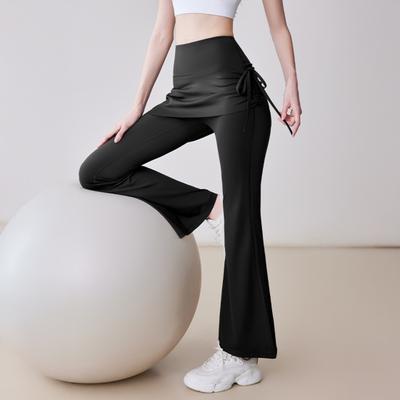 Damen Ausgestellte Yogahose Hohe Taille Gefälschte Zweiteilige Kordelzug Faltenwickelrock Hose Bauchkontrolle Lauftrainingshose