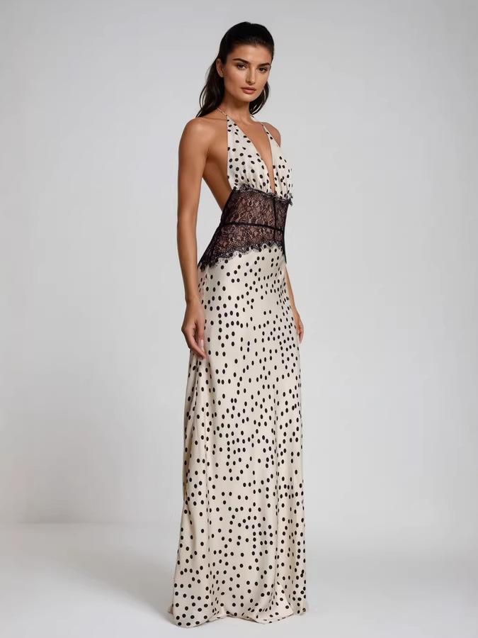 2026 European & American Style Polka Dot Women's Long Dress - Fashionable, Sexy, Backless, Waist-Cinching