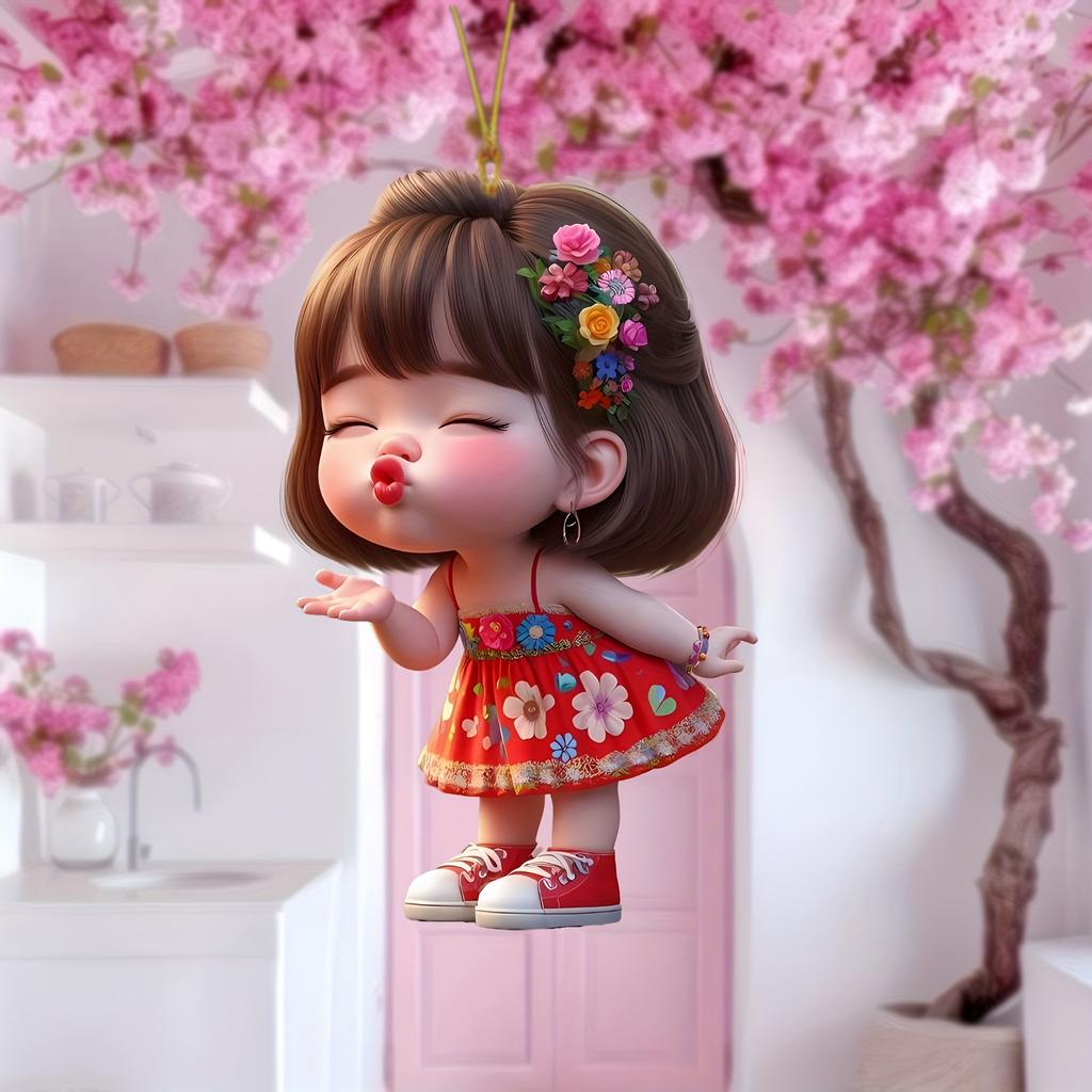 Cute Pouting Little Girl 2D Flat Acrylic Pendant Car Keychain Car Rearview Mirror Backpack Pendant Home Decoration Pendant Gift