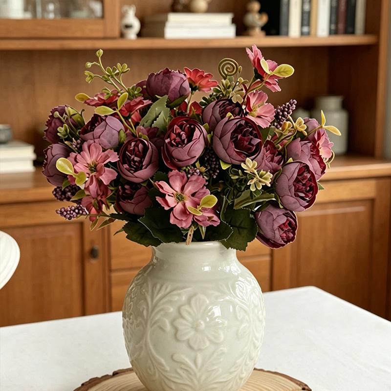 Retro Rouge Rose Beaded Floral Arrangement: Pastoral Home Decor Scene with Simulated Flowers