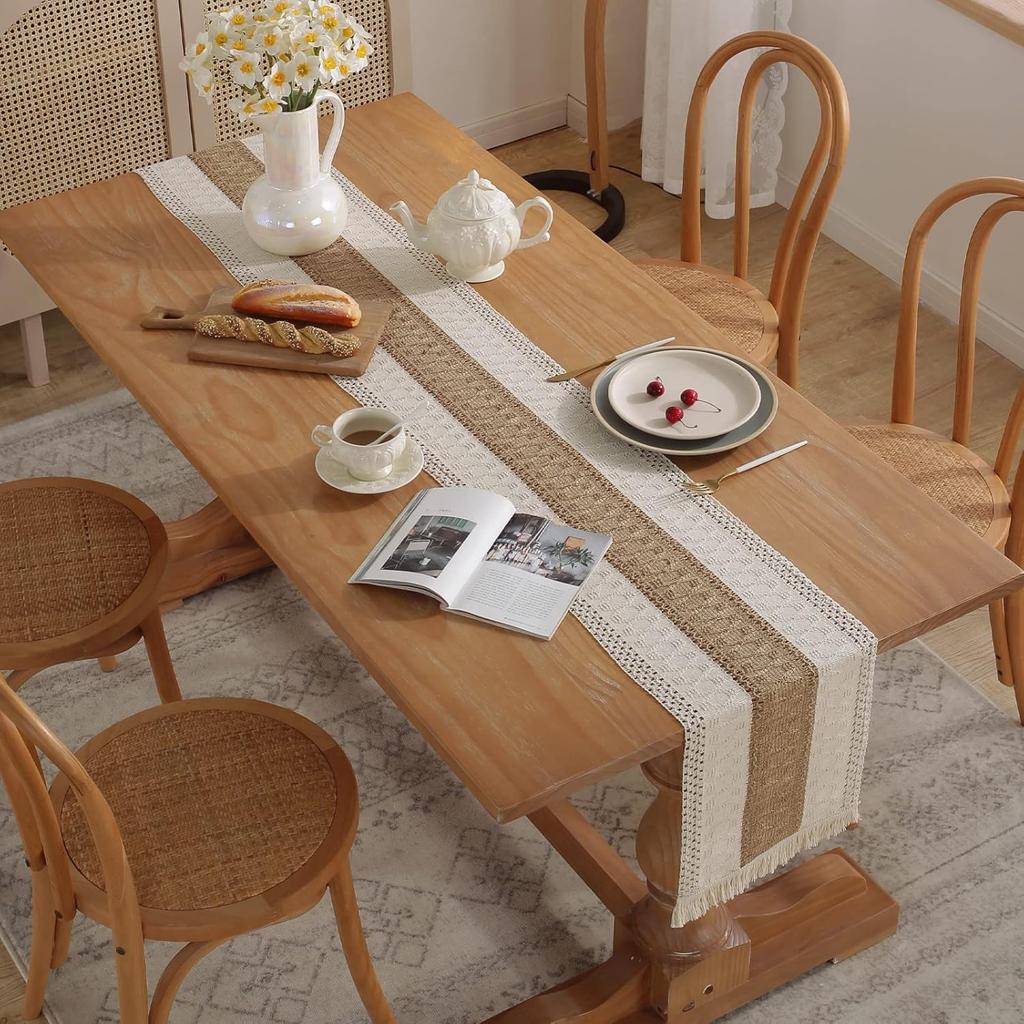 Böhmische Rustikale Hochzeitsdeko Baumwolle Leinen Tischläufer mit Quasten
