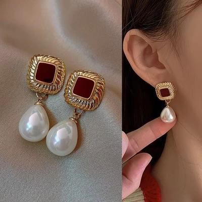 Vintage Weinrote Perlenohrringe für Frauen, Schmuck, Trendy New Hong Kong Style, Damenohrringe, Geschenk