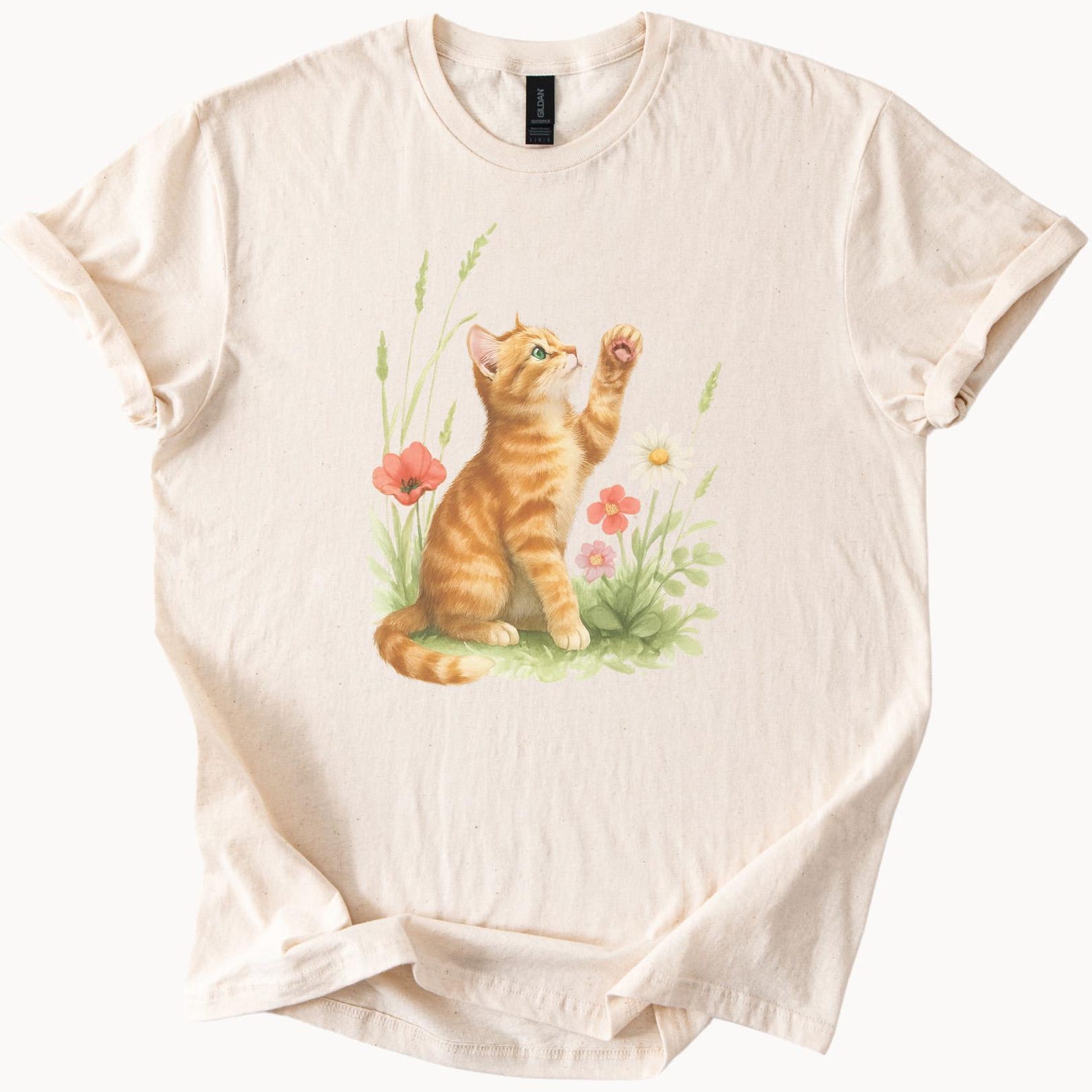 Cute Orange Tabby Cat Playing in Wildflower Meadow Graphic T Shirt Adorable Kitten Nature Art Tee Cat Lover Gift Floral Cat Shirt 120