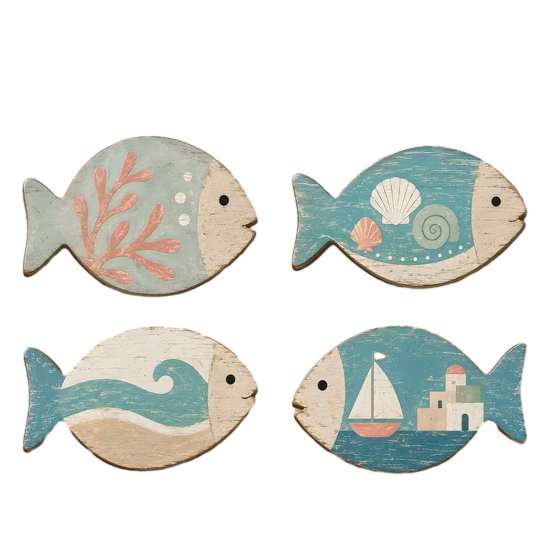 Sea Life Wall Decor for Bathroom 4Pcs Wooden Hanging Fish Art, Coastal Plaque with Nautical Gift Beach Lovers Theme Living Room Bedroom, Rustic House