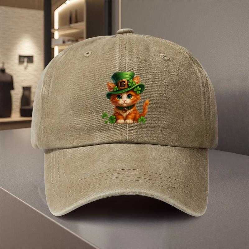 Kitten with Clover Hat Baseball Cap St Patricks Day Adjustable Polyester Casual Hat Unisex