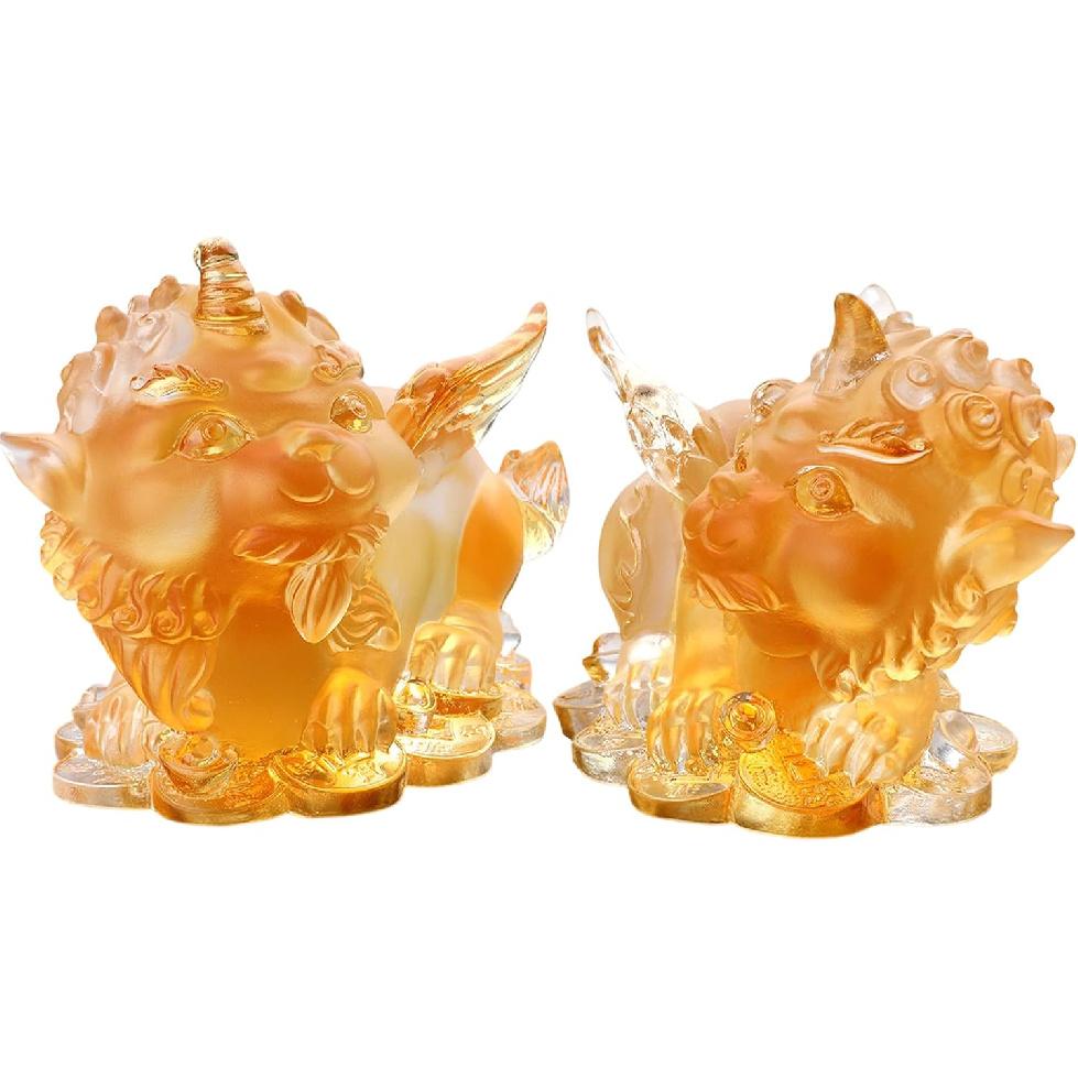 Aris & Juno Liuli Handmade Glazed Pixiu Pair Sculpture, Fortune Wealth Guardian Ornament with Gold Ingot, Chinese Style Home Office Desk Decoration,