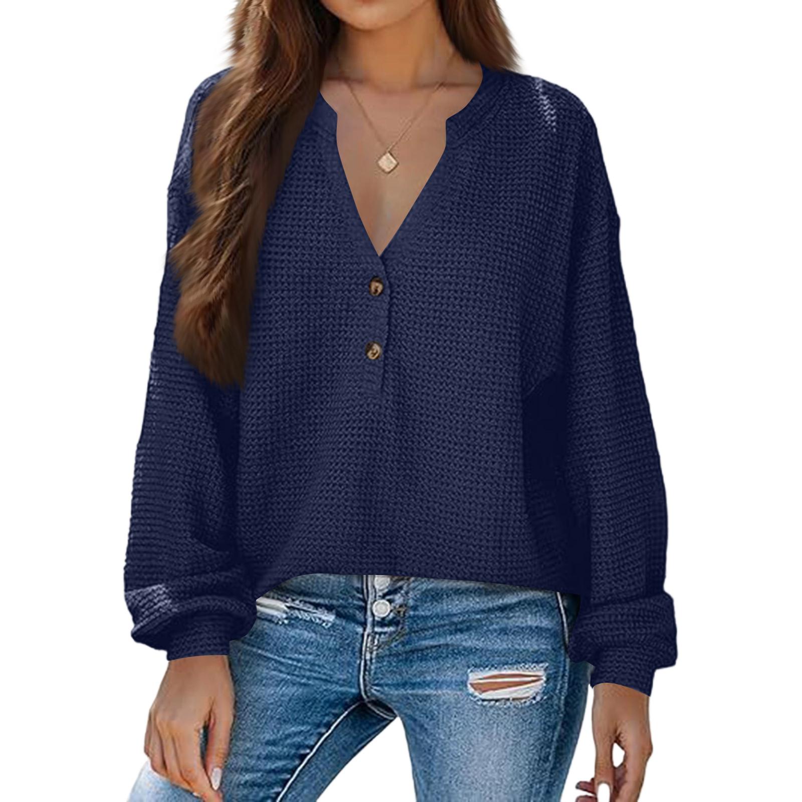 

Women s Fashion V-Neck Casual Solid Color Long Sleeve Top M Темно-синій