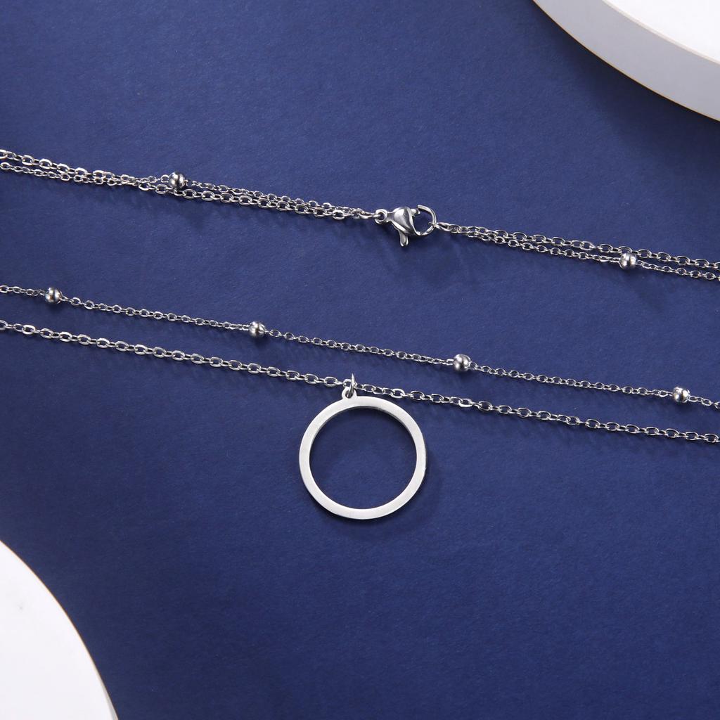 Double Bead Chain Hollowed Out Circular Pendant for Women's Necklace Gold Elegant Stainless Steel Pendant Jewelry Gift