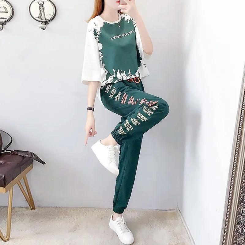 FiveFive Harem Pants Two Piece Suit Female Summer Student Wide Leg Pants Short Sleeve T-shirt Two-piece Suit