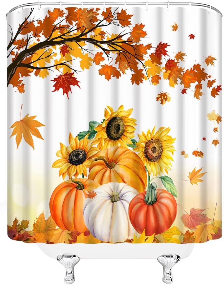GCTNBJL Fall Shower Curtain Pumpkin Maple Leaves Sunflower Autumn Thanksgiving Day Harvest Farmhouse Seasonal Holiday Rustic Cou