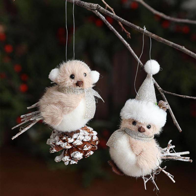 Send Girlfriend Couple Bear Plush Bear Creative Christmas Tree Decorative Pendant Simulation Foam Bird Red Scarf Hat Bird