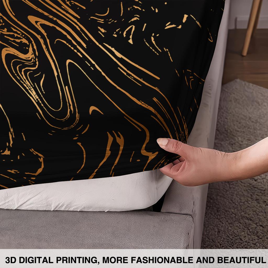 3PC Microfiber Satin Fitted Bed Sheet with 2 Pillowcase Anti-slip Printed Stretch Black Fitted Sheet 90x190 180x200 200x220