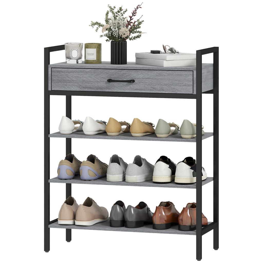 4-Tier Shoe Rack, Hallway Shelf for Up To 9 Pairs of Shoes, Particleboard, Metal, Grey