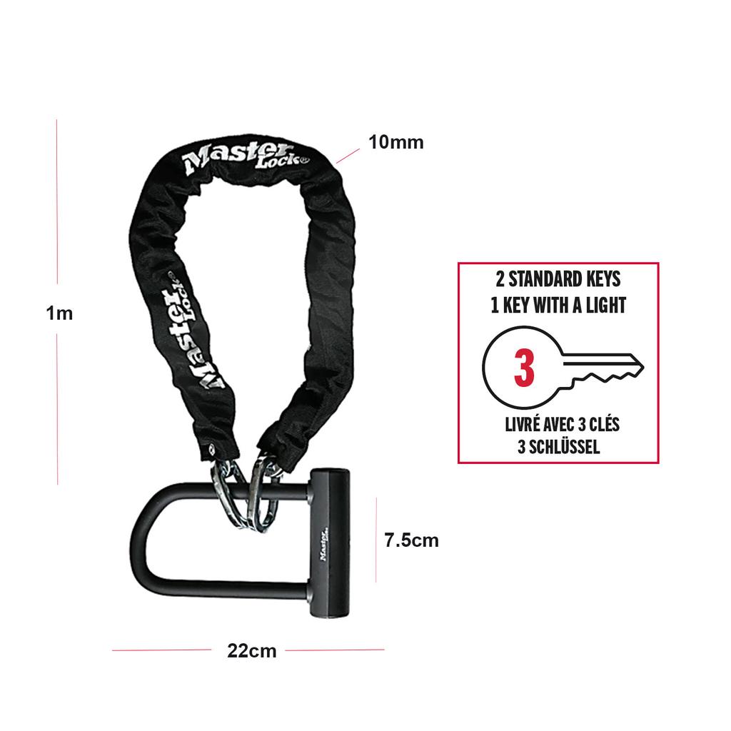Master Lock Sold Secure Bike D Lock with Chain, Key, 220 x 75 mm