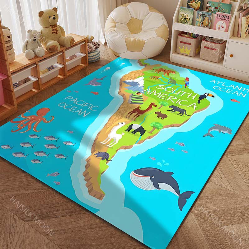 Cartoon Map of Five Continents with Animals Print Carpet for Living Room Bedroom Sofa Doormat Decor Kids Room Area Rug for Gifts