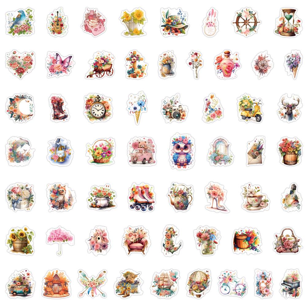 

Cartoon Floral Stickers Pack: 55 Waterproof Decorations for Planners, Water Bottles, and Computers