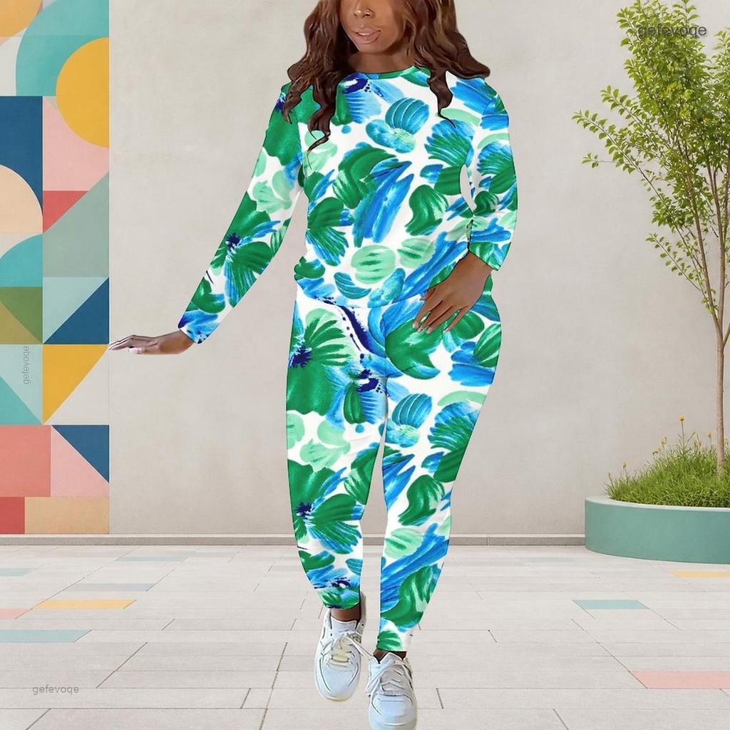 Women Plus Size Round Neck Long Sleeve Tropical Leaf Printed Top And Fitted Pants Two Piece Set