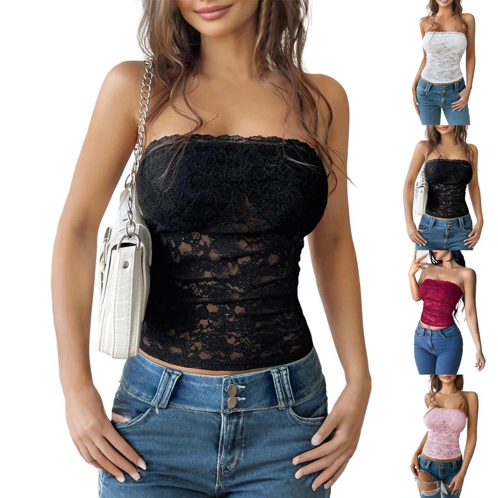 Women's Strapless And Navel Exposed Hollow Solid Color Knitted Top