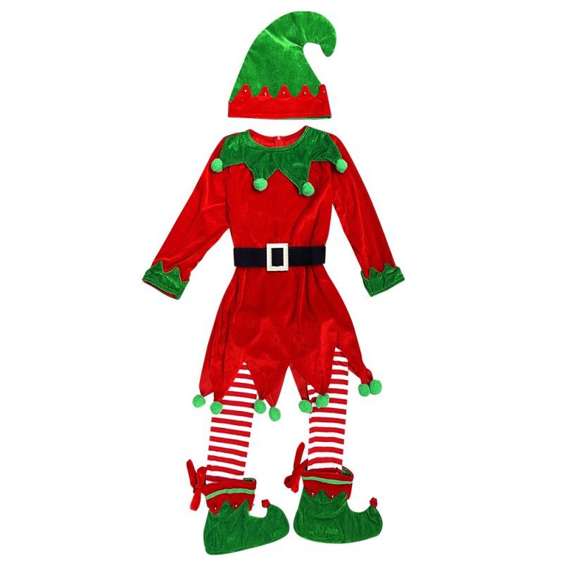 Kids Christmas Halloween Costume Elf Outfit Boys Girls Long Sleeve Dress With Hat Socks Party