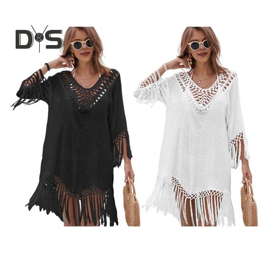 Beach Cover Up Dress V-Neck Woven Hollow Neckline Fringed Cuffs Hem Bikini Cover Up UV Protection Beach Dress