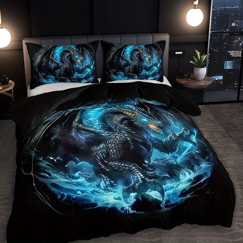 2/3Pcs Cool Blue Flame Black Dragon Duvet Cover Set, HD Print All Season Bedding with Pillowcases for Home Dorm Decor